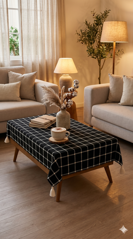 थंबनेल: Blackplaid Cotton Tassel Table Runnercoffee Table, Living Room Sofa Table