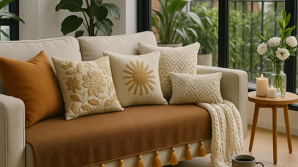 Thumbnail: LShape 7 Seater Sofa Cover With Tassels Brown 3 Seater + 3 Seater + 1 Corner
