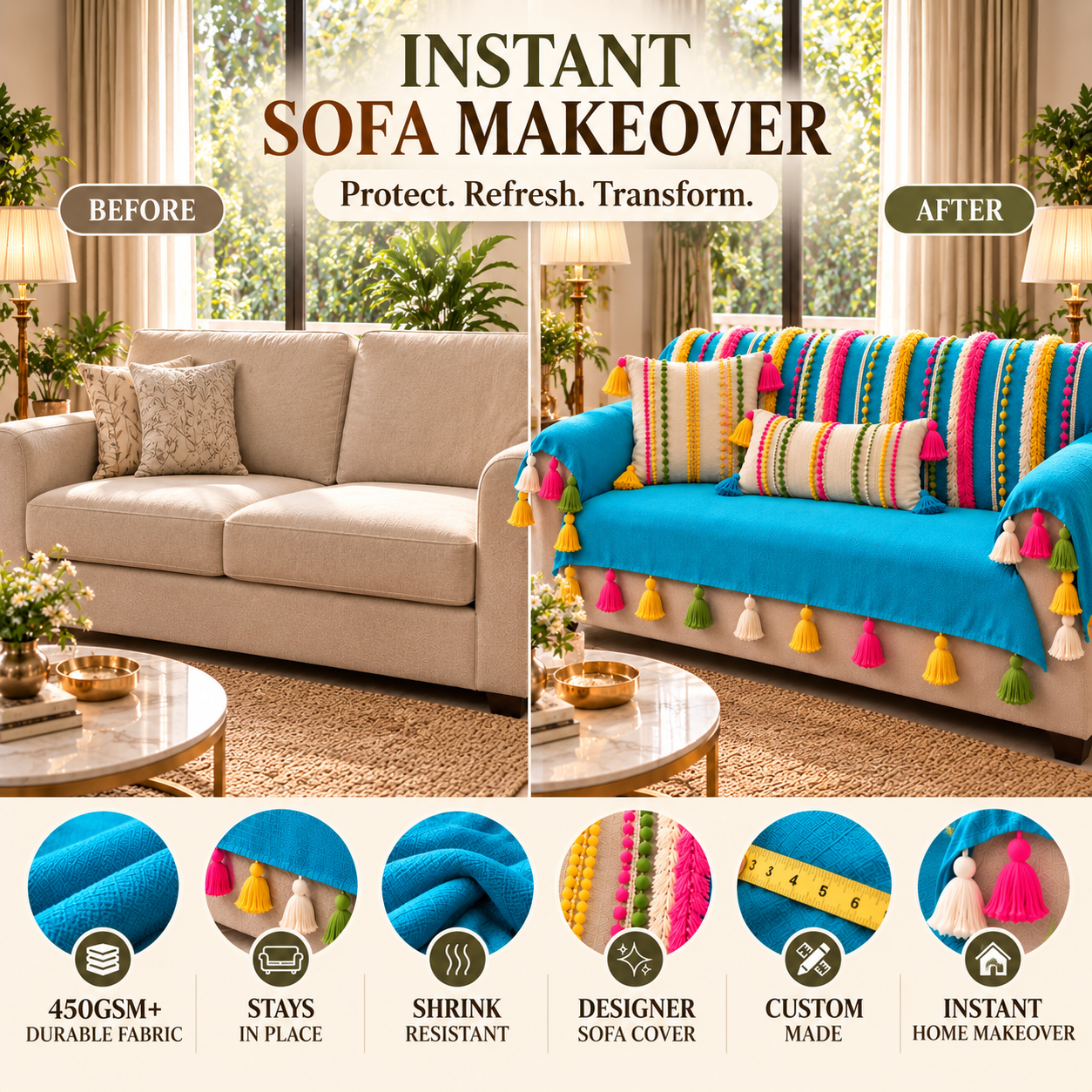 Sunlit Teal Boho 3 Seater Sofa Cover With Tassels|Diwali Living Room Decor
