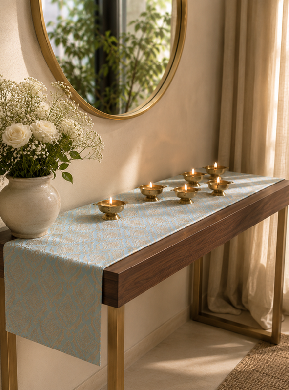Miniaturebillede: Ice Blue-Gold Table Runner |Dresser Drawer Cabinet Entry Console