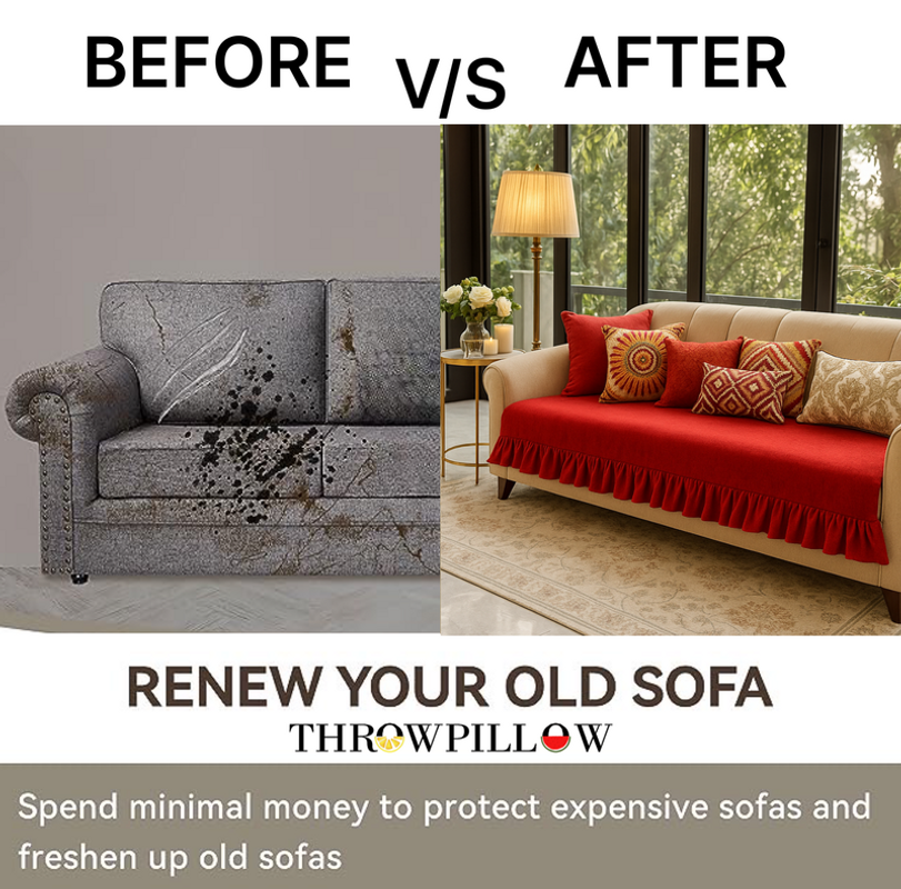 Sīktēls: Red Large 2 Seater Sofa Cover With Pleates|Anti Slip Pleate Sofa Throw