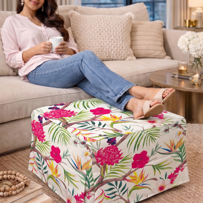 थंबनेल: Neutral Floral Skirted Pouffe Cover Ottoman Puffe Frill Cover-16"X24"Pouffe Seat
