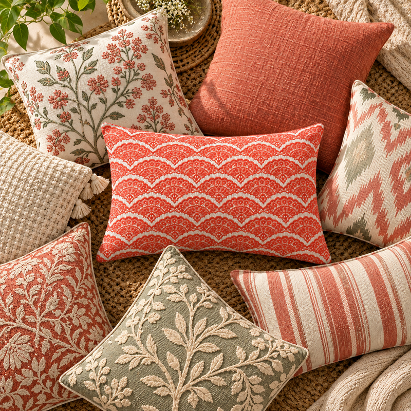 Coral Red & White Boho Decorative Throw Pillow Cover 12x30 Inches| Rectangle