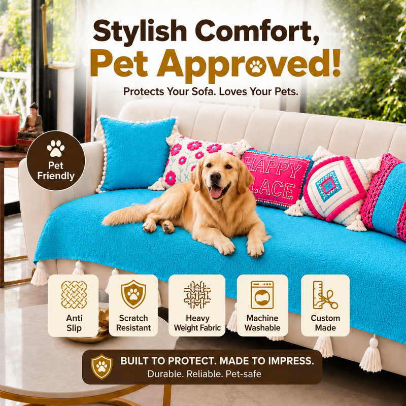 LShape 5 Seater Sofa Cover With Tassels |Blue| 2 Seater + Lounger + Ottoman