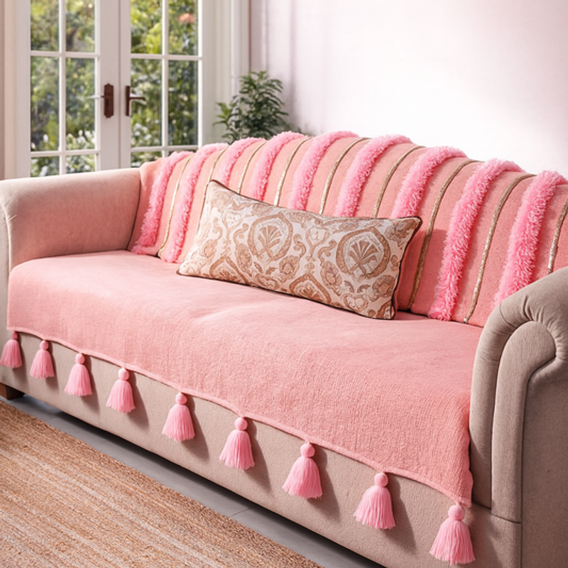 サムネイル： 3 Seater Sofa Cover With Tassels:Peach Moroccan Embroidered Back Cover