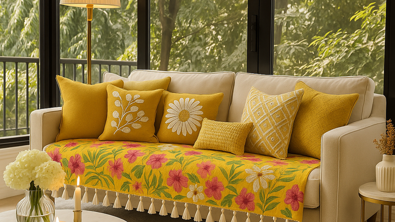 LShape 7 Seater Sofa Cover With Tassel Yellow 3 Seater + 3 Seater + 1 Corner