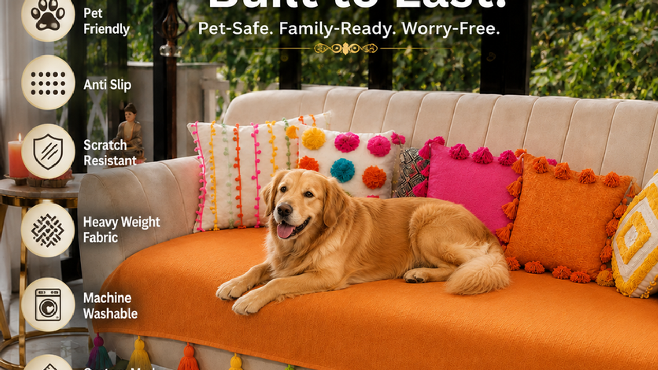 LShape 6 Seater Sofa Cover With Tassel Orange 2 Seater + 3 Seater + 1 Corner