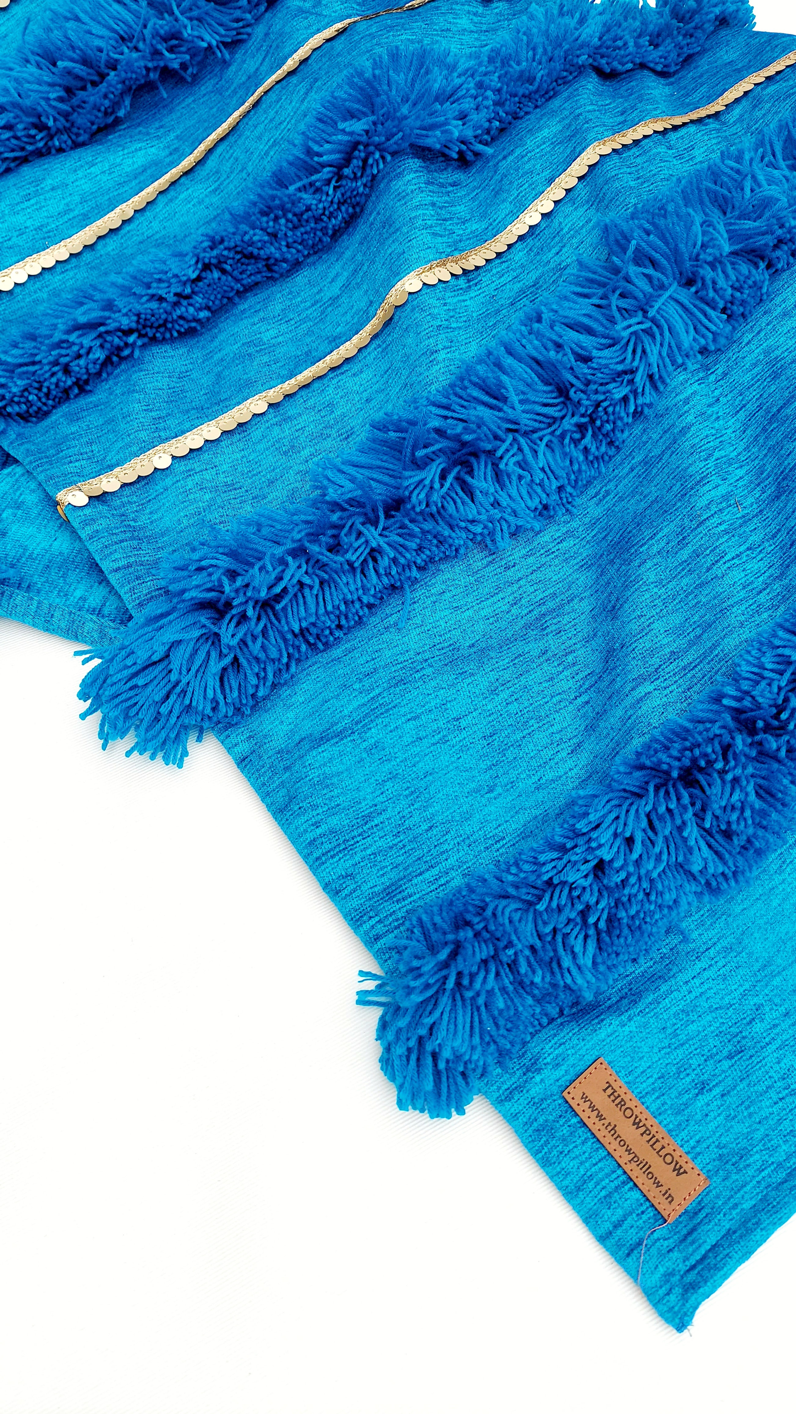 Custom-Made Teal Blue Moroccan Hand Embroidered 3-Seater Sofa Cover with Tassels