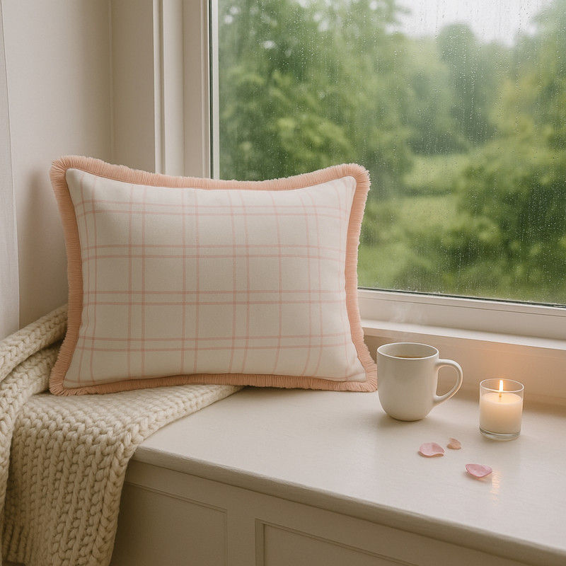 थंबनेल: Pink & White Plaid with Fringe Rectangle Cushion Cover with Filler 12x36 Inches
