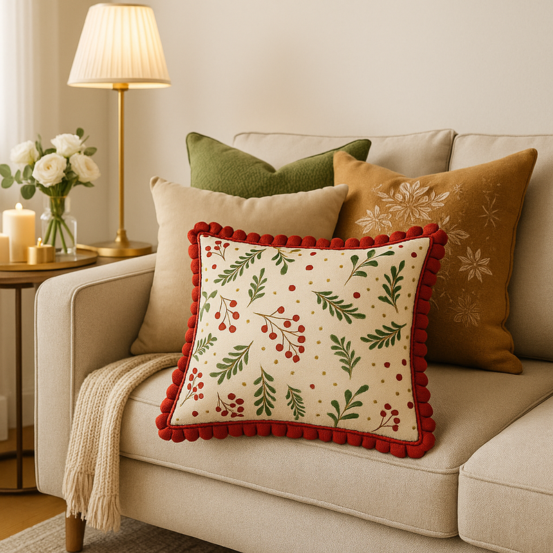 Imej kecil: Christmas Red Green Botanical Decor Rectangular Cushion Cover 12x18 Inches