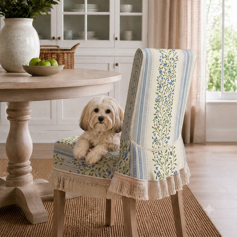 Imej kecil: Blue Blossam Fringe Frill Dining Chair Seat & Back Cover|18"x20"