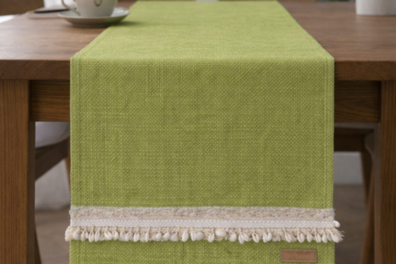 Green Cotton Linen Green With Kowri Table Runner Center |Dining Table