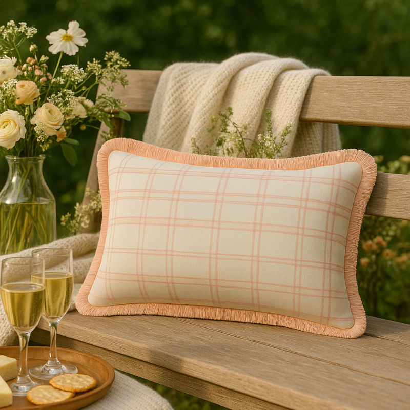 थंबनेल: Pink & White Plaid with Fringe Rectangle Cushion Cover with Filler 12x36 Inches