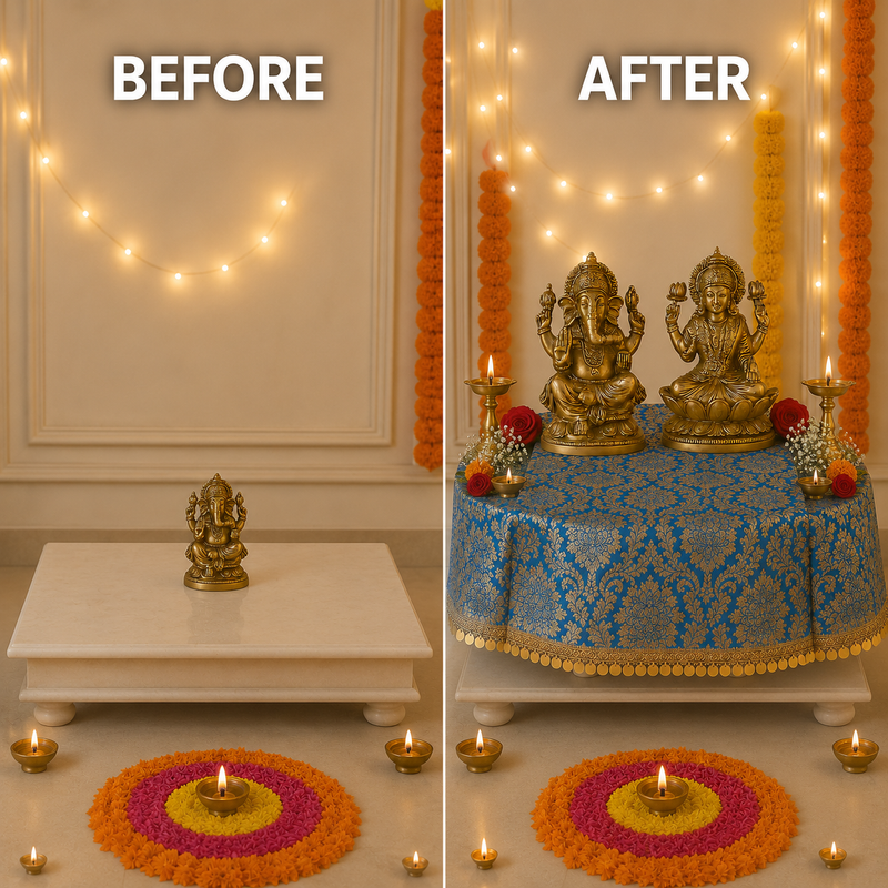Thumbnail: Blue Brocade Silk Round Thali Cover , Gold Fringe