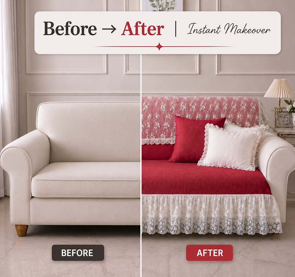 섬네일: Red 5 Seater Sofa Cover With Lace Frill |Lace Frill Sofa Throw 3+2 Seater Set