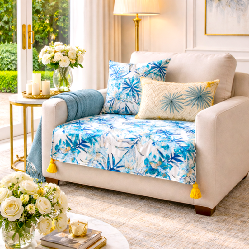 섬네일: Blue Paradise Single Seater Sofa Cover With Tassel |Corner Sofa Throw|Seat Cover