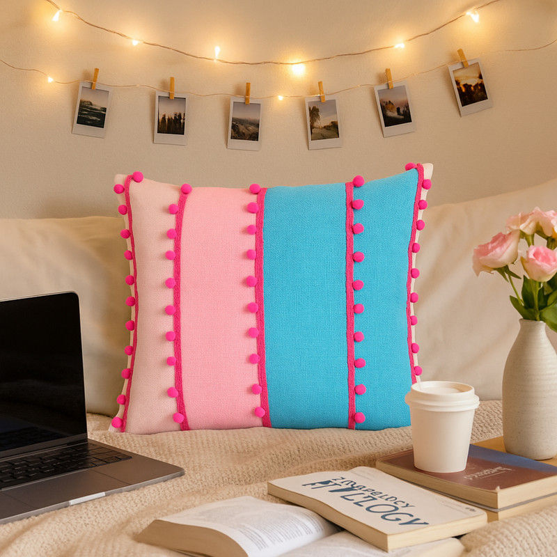 섬네일: Mint Green & Peach Pom Pom Cotton Basketweave Square Cushion Cover 16x16 Inches