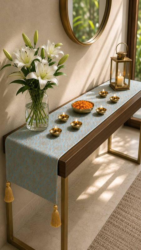 Thumbnail: Ice Blue-Gold Table Runner Center Dining Table, Entry Console