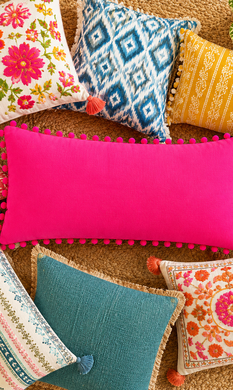 Hình thu nhỏ: Hot Pink with Pom Pom Trim Rectangular Full Body Bed Pillow Cover 12x36 Inches