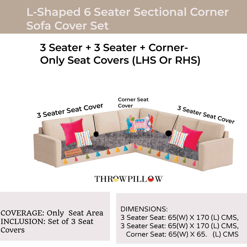 Thumbnail: L-Shaped Corner Sofa Cover, Solid Dark Grey Sofa Cover With Multicolor Tassel