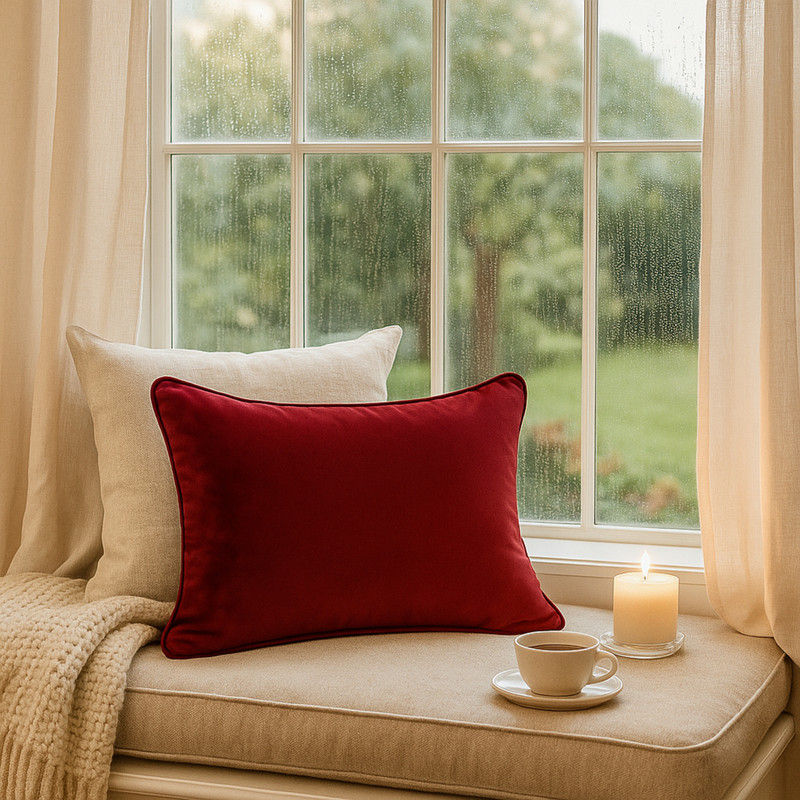 Thumbnail: Luxe Cherry Red Rectangle Cushion Cover with Filler for Home D�cor 14x30 Inches