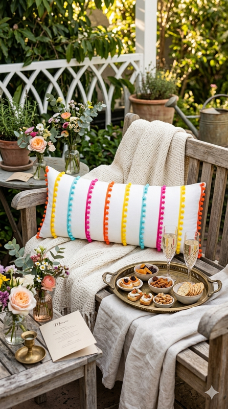 Thumbnail: Boho Pom Pom Cushion Cover Rectangular Cushion Cover 14x36 Inches