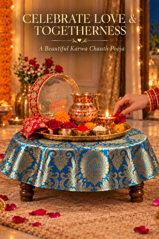 Teal Blue Silk Brocade Pooja Asan Cover 16 Inches |Round Table