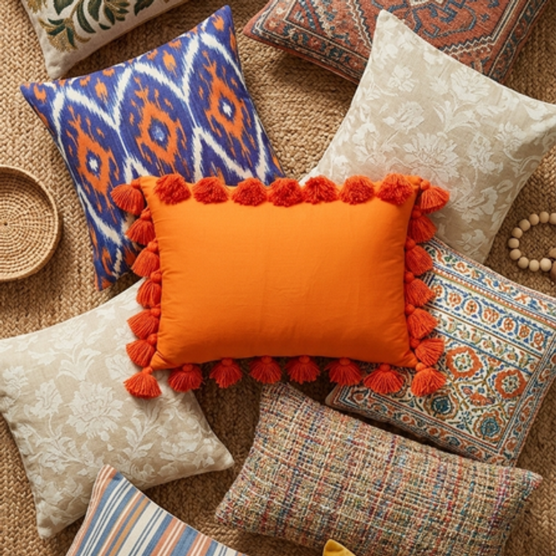 Miniaturebillede: Bright orange tassel trim cushion Rectangular Cushion Cover 14x30 Inches