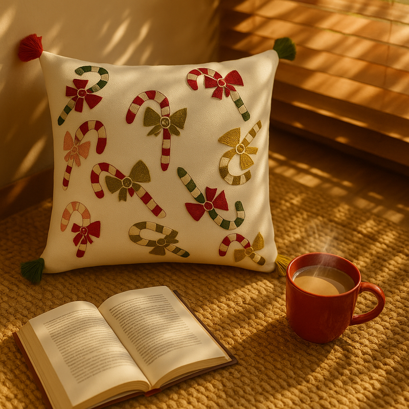 Thumbnail: Christmas Candy Cane with Tassels Holiday Square Sofa Cushion Cover 16x16 Inches