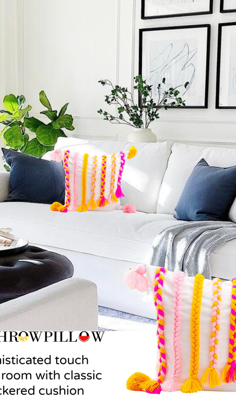 Thumbnail: Boho Braided with Tassels Rectangular Cushion Cover with Filler 14x20 Inches