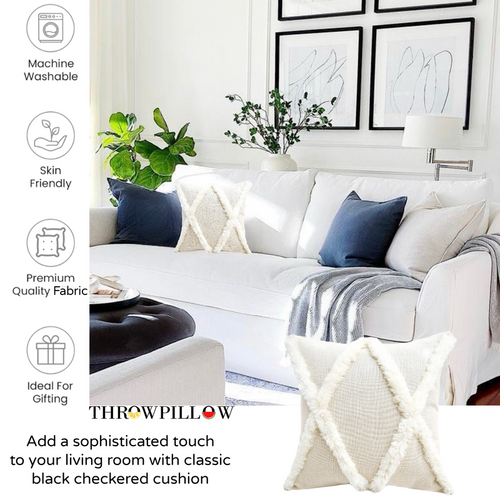 Ivory Fringe Criss Cross Square Cushion Cover with Filler for Sofa 20x20  Inches