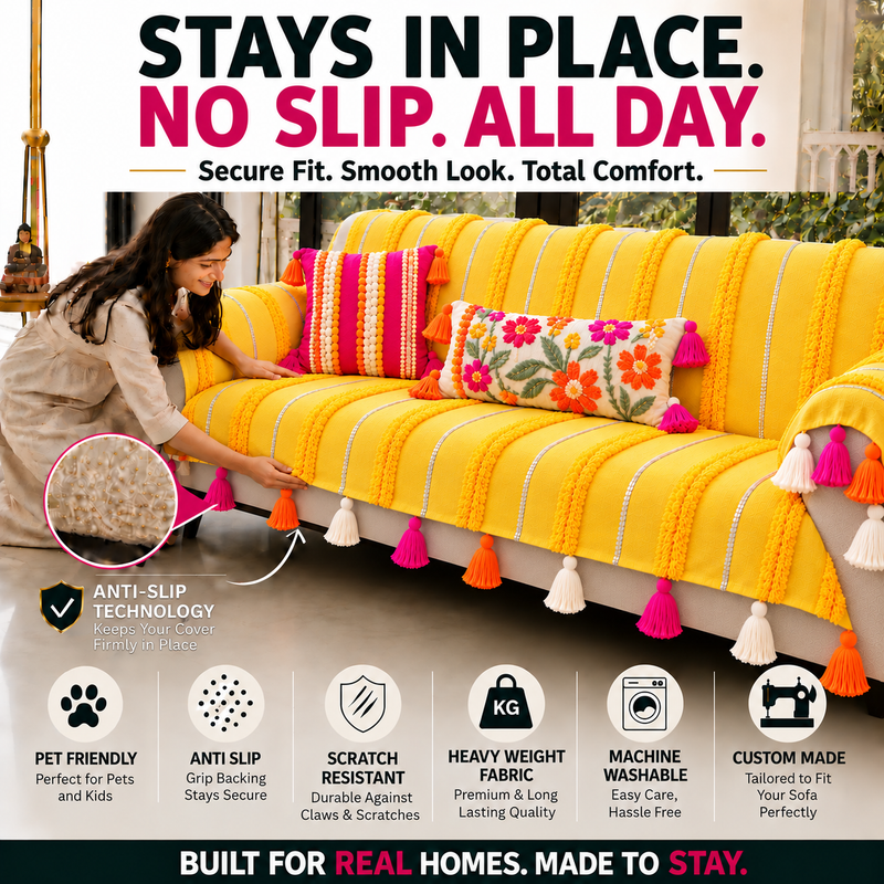 Yellow Moroccan 2 Seater Sofa Cover With Tassels|Boho Sofa Throw For Love Seat