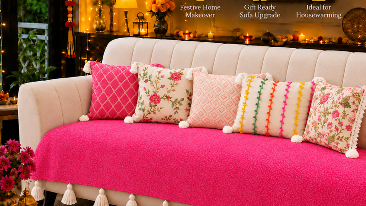 Pink 2 Seater+3 Seater+Corner L Shape Sofa Cover With Tassels|Seat Cover