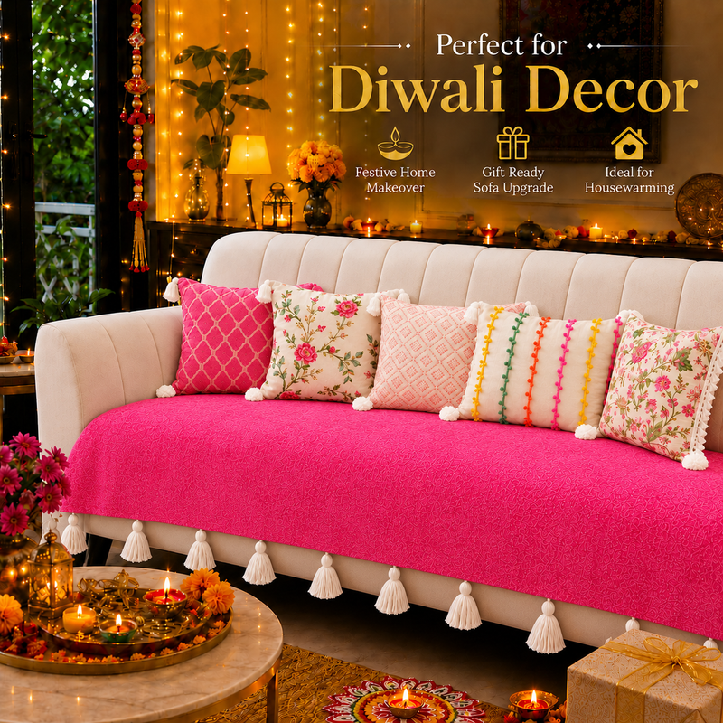 Pink Single Seater Sofa Cover With Tassel |Tassel Sofa Throw|Seat Cover