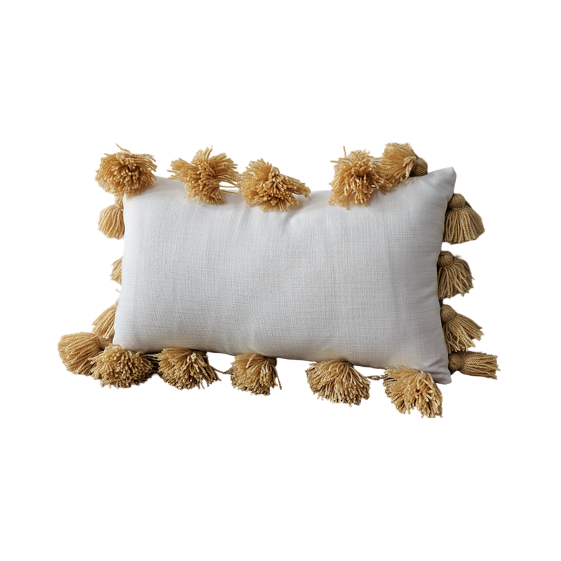 Boho White with Tan Tassels Rectangular Cushion Cover with Filler 12x18 Inches