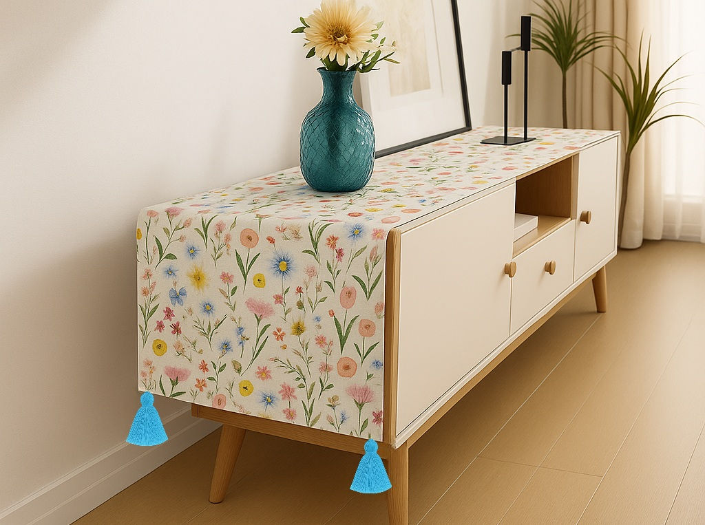 Spring Floral Designer TV Unit TV Cabinet Tassel Table Runner