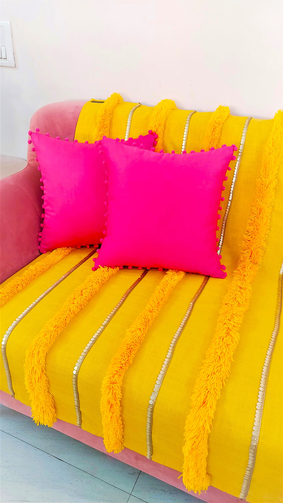 Thumbnail: Hot Pink Solid Pom Pom Cotton Cushion Cover