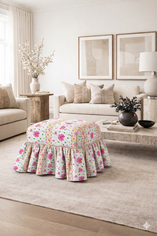 Thumbnail: Pink Blossam Skirted Pouffe Cover Ottoman Puffe Frill Cover-16"X24" Pouffe Seat