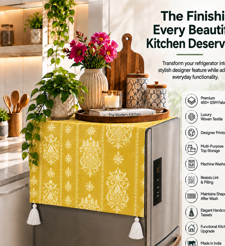 Thumbnail: Fridge Cover Triple Door 100-250L|Crnr Tassel& Pocket|Mustard Victorian  Cover