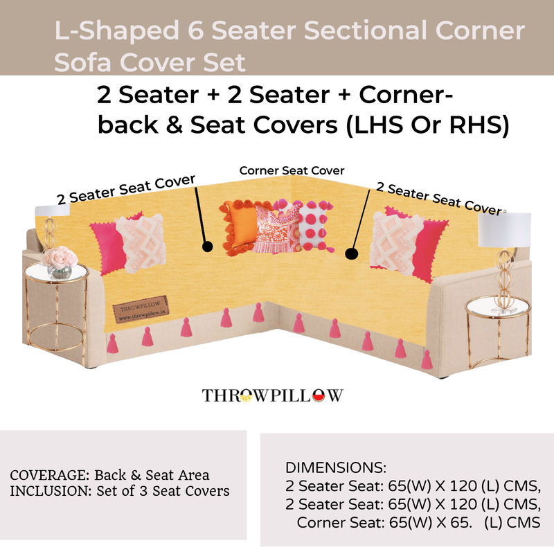 Pikkukuva: L-Shaped Corner Sofa Cover, Solid Yellow Sofa Cover With Pink Tassel