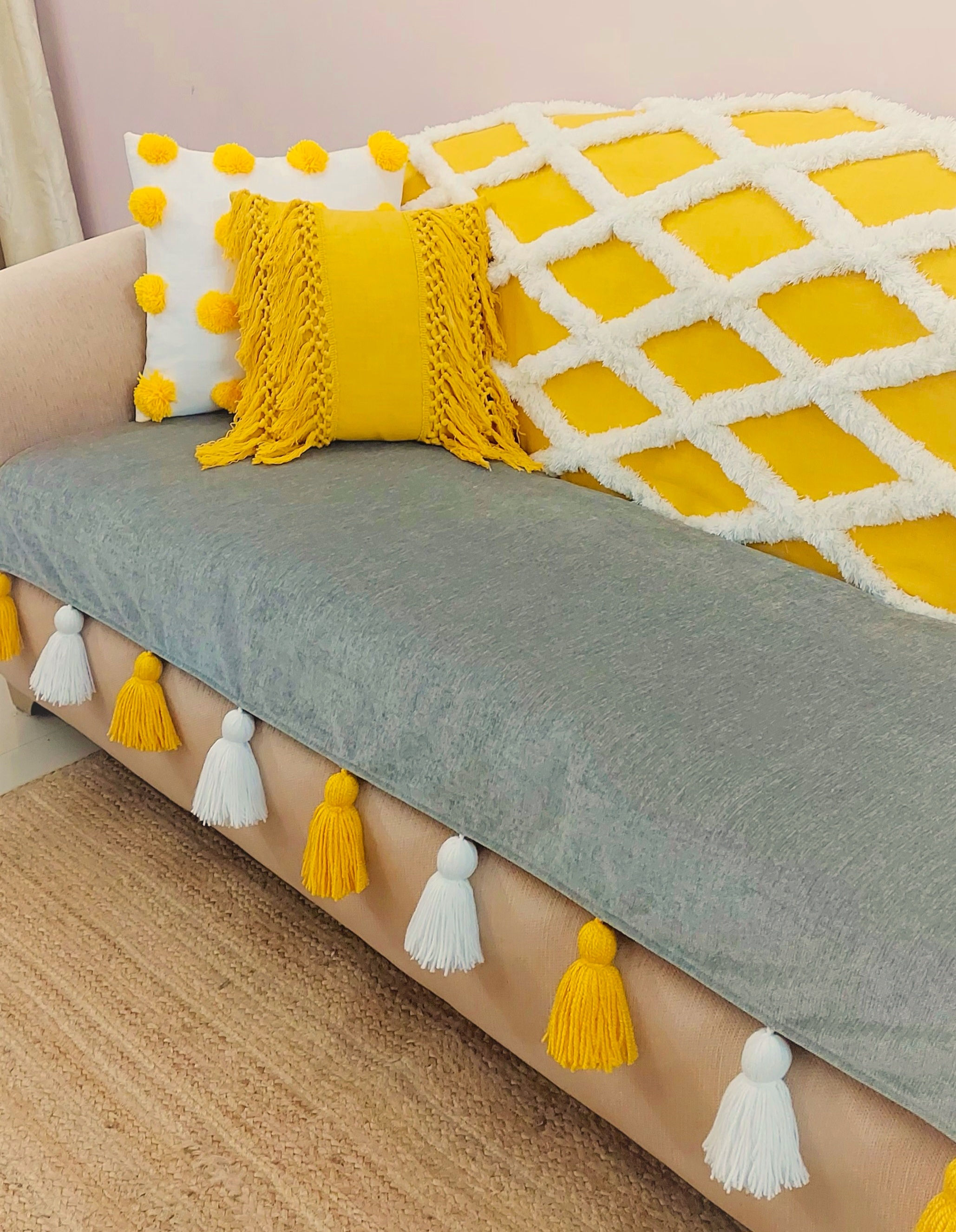 Custom-Made Yellow Grey Diamond Weave Pattern Embroidered 3-Seater Sofacover