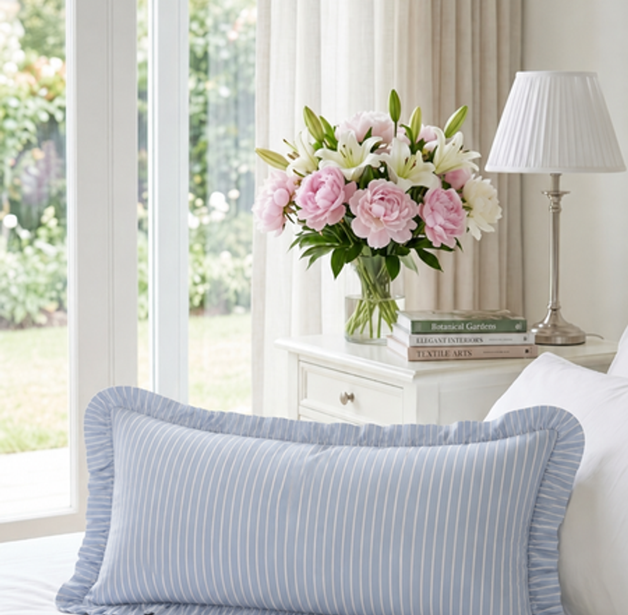 Blue Striped Ruffle Cushion  Rectangular Full Body Bed Pillow Cover 12x36 Inches