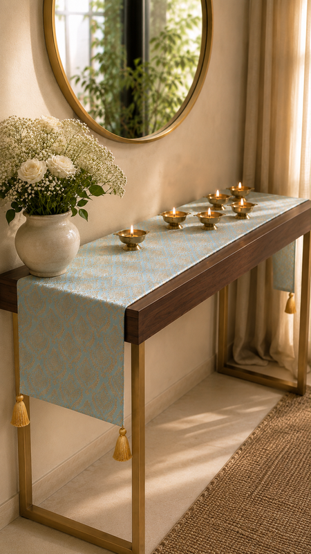 Thumbnail: Ice Blue-Gold Table Runner Coffee Table, Living Room Sofa Table