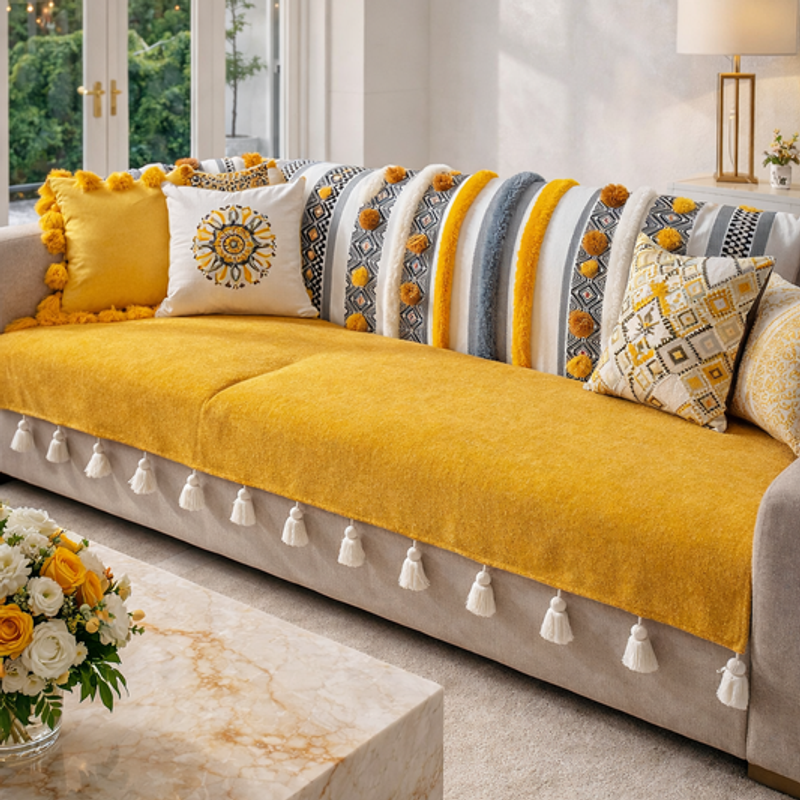 Pikkukuva: 3 Seater Sofa Cover With Tassels:Mustard Bohemian Embroidered Back Cover