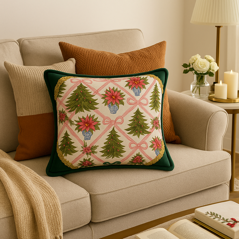 Miniature : Luxury Christmas Green Gold Sequin Trim Square Sofa Cushion Cover 16x16 Inches