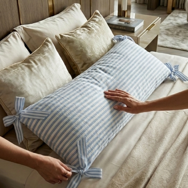 Thumbnail: Blue Striped Linen Rectangular Cushion Cover 12x36 Inches