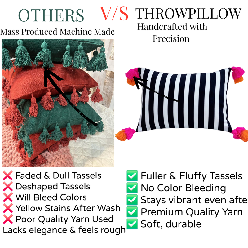 Pikkukuva: Black & White Striped with Tassels, Boho Rectangular Cushion Cover 14x20 Inches