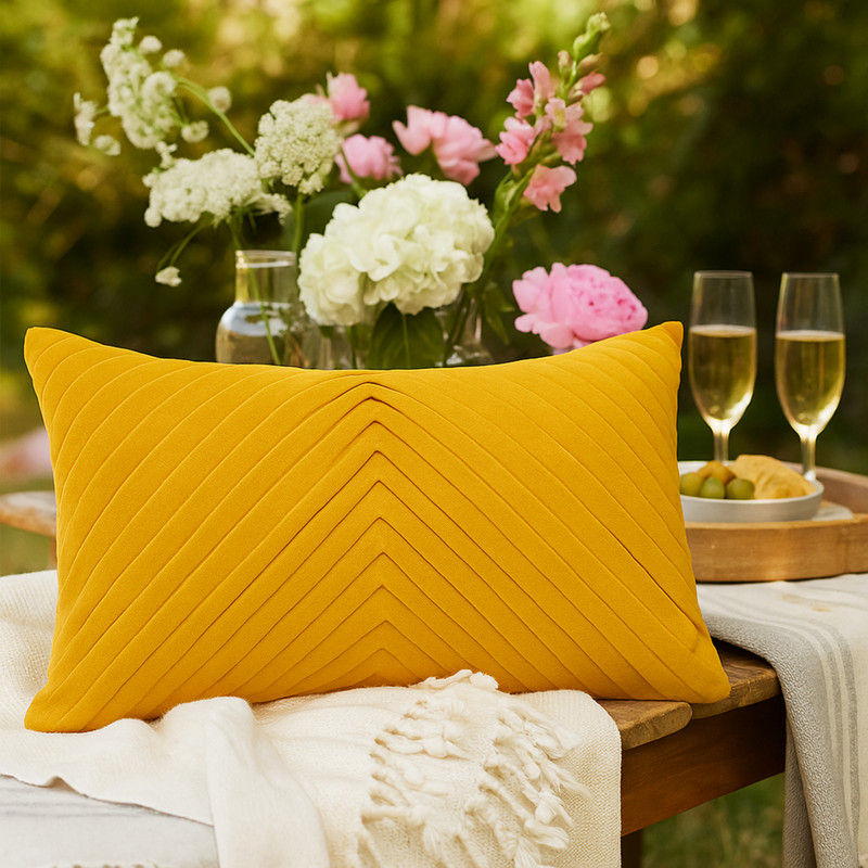 Miniatiūra: GoldenRay Pleated Mustard Chevron Modern Rectangular Cushion Cover 12x18 Inches