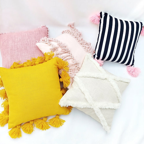 Blush Pink Textured with Pom Pom Trim Cushion Cover