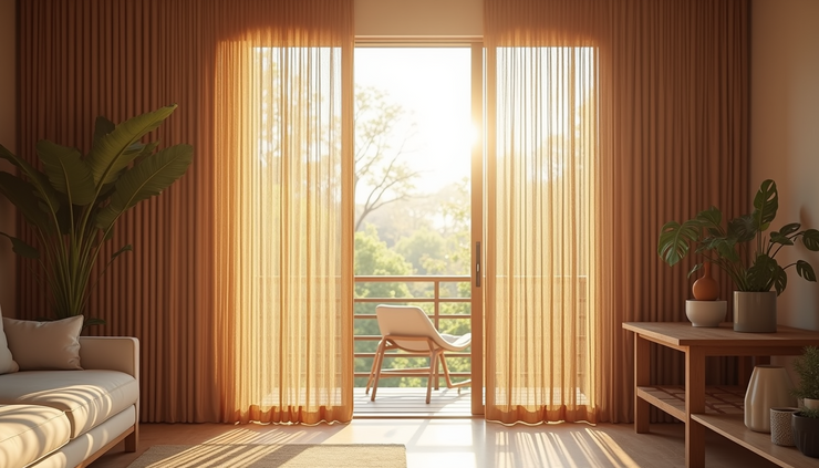 High angle view of bamboo curtains filtering sunlight in a modern living room
